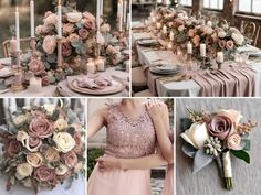 a collage of photos with flowers, candles and napkins on the table at a wedding