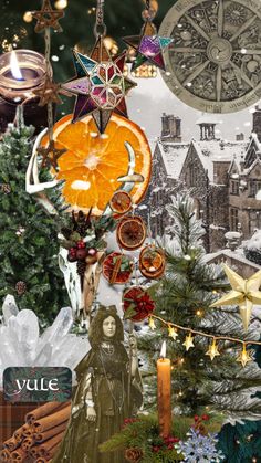 a collage of christmas decorations, orange slices and other items in front of a tree