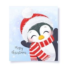 a penguin wearing a santa claus hat and scarf with his eyes closed while holding onto a christmas card