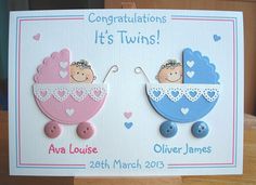 congratulations it's twins card with two babys in a stroller and hearts