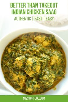 a white bowl filled with chicken and spinach curry