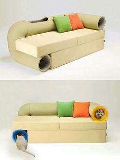 two pictures of a couch with pillows and a cat