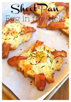 bacon and cheese appetizers are sitting on a baking sheet with text overlay that reads, sheet pan egg in the hole