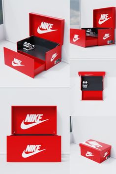 the nike shoe box is red and white