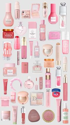 many different types of pink and white cosmetics