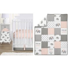 a baby crib bedding set with an elephant theme and pink, gray, and white sheets