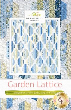 the garden lattice quilt pattern is shown in blue, yellow and green colors with an image of