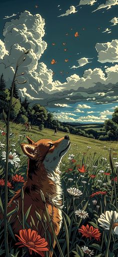 a painting of a dog looking up at the sky in a field full of flowers