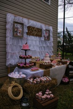 an outdoor dessert table with cupcakes and cakes