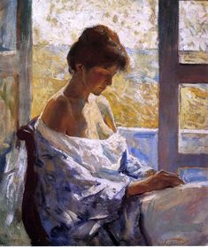 a painting of a woman sitting by a window