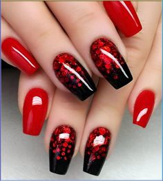 Black and red nail designs are sultry, charming, and moody. They are the perfect choice for the colder months, especially #rednailideas Black And Red Nail Designs, Red And Black Nail, Red Ombre Nails, Red Nail Art, Chrome Nails Designs, Nail Designs Valentines, Pretty Nail Art Designs, Red Nail Designs, Red Nail