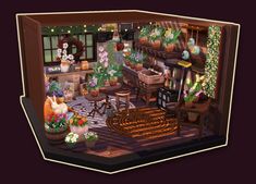 an animated image of a garden shop with potted plants and flowers on the table