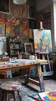 an artist's studio with paintings and stools