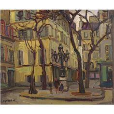 an oil painting of people walking down the street in front of some buildings and trees