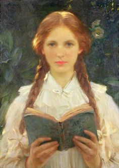 a painting of a woman reading a book with braids in her hair and wearing a white blouse