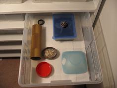 an open drawer with food items in it