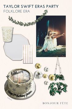 a collage of items including a cake, candles and decorations