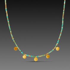 Gold Disk and Turquoise Beaded Necklace by Ananda Khalsa (Gold & Stone Necklace) Turquoise Jewelry Gold, Gold Stone Necklace, Colorful Statement Necklace, Czech Jewelry, Necklace Displays, Turquoise Beaded Necklace, Beaded Stuff, Modern Jewellery, Medieval Jewelry