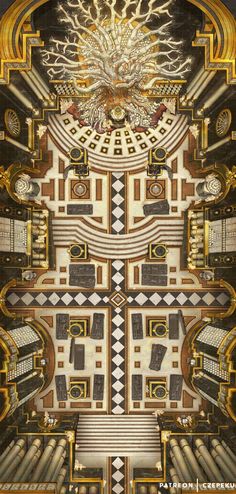 an art deco poster with gold and black designs on the sides, including geometric shapes