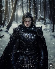 the poster for game of thrones, featuring a man in armor standing in front of snow