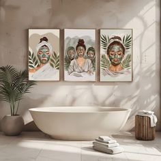 three paintings on the wall above a bathtub in a room with a potted plant