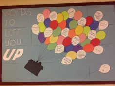 a bulletin board with balloons attached to it