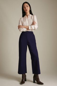 Twill Woven Wide Leg Cropped Trouser Navy Cropped Wide Leg Pants Outfit, Navy Trousers Outfit Women Work, Workwear Ankle-length Wide Leg Pants With Pressed Crease, Brown Cropped Leg Workwear Bottoms, Office Wide Leg Ankle-length Pants With Belt Loops, Tailored Ankle-length Versatile Wide Leg Pants, Brown Wide Leg Ankle-length Workwear Pants, Navy Wide Leg Pants Outfit, Navy Trousers Outfit Women