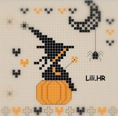 a cross stitch pattern with an image of a witch holding a pumpkin on it's back