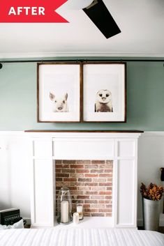 two framed pictures above a fireplace in a bedroom