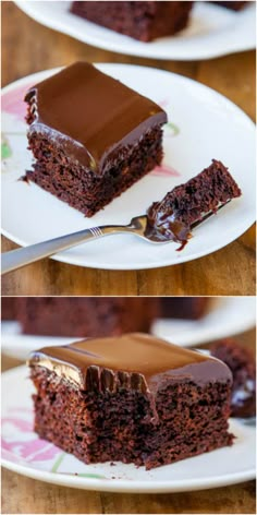 there is a piece of chocolate cake on the plate and another slice has been cut in half