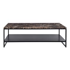 a marble top coffee table with black metal frame and shelf on the bottom, against a white background