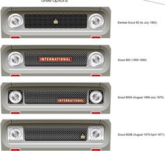 four different grilles on the front and back of a car with information about them