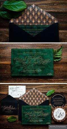 the wedding stationery is green and black with gold foil on it, along with matching envelopes