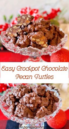 easy crockpot chocolate pecan guilties recipe on a glass platter with strawberries