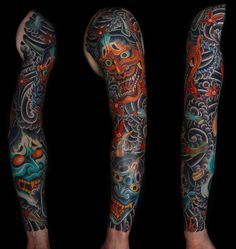 tattoos on the arms and legs of men with dragon, skull and flower designs in different colors