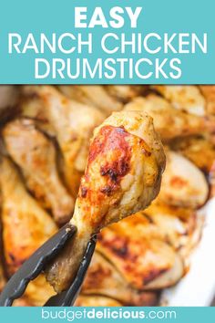 grilled chicken drums with text overlay that reads easy ranch chicken drumsticks