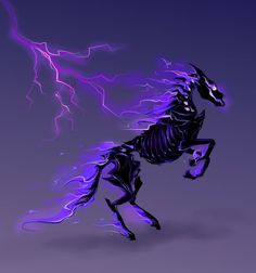 a horse that is standing in the air with lightning behind it's back legs