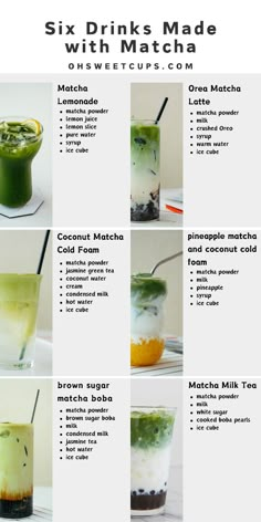 the six drinks made with matcha are shown in this poster, which shows how to make