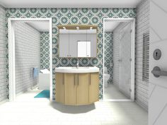 a bathroom with blue and white wallpaper and tile flooring is shown in this image