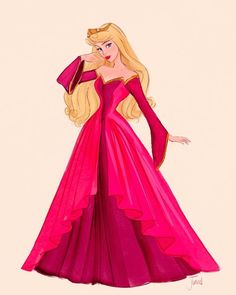 a drawing of a woman in a pink dress with long blonde hair wearing a tiara