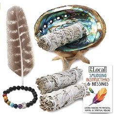 an assortment of items that include feathers, beads and bracelets