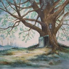 a painting of a tree with a shed in the middle of it and grass on the ground