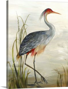 a painting of a bird with long legs and an orange beak standing in tall grass