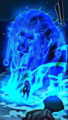 a man standing next to a large blue lion on top of a snow covered ground