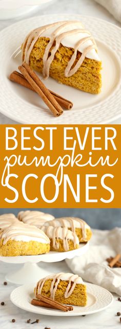 the best ever pumpkin scones with cinnamon drizzle on top and an orange background