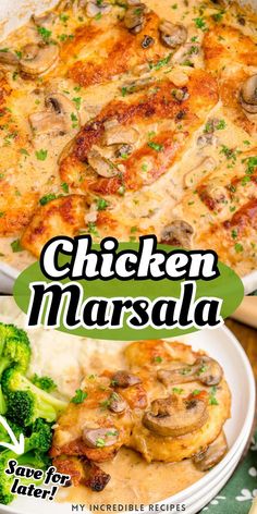 chicken marsala with mushrooms and broccoli in a white casserole dish