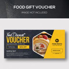 a food gift voucherr is displayed on a white and black background with yellow accents