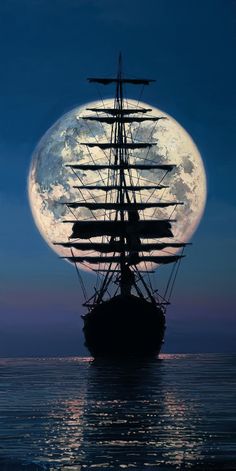 an old sailing ship in the ocean under a full moon