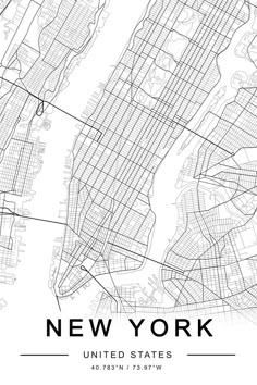 the new york city map is shown in black and white, with text that reads'new york united states '