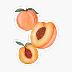 two peaches and one piece cut in half with leaves on the side sticker